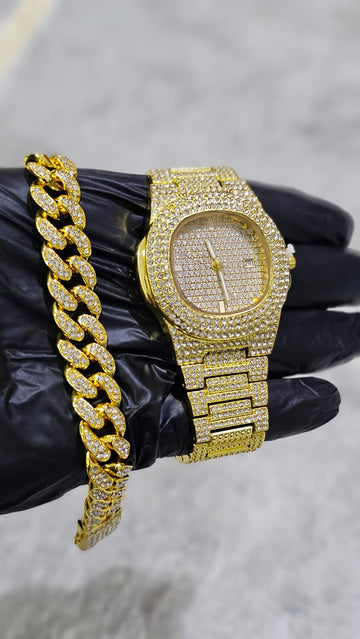 🔥 Luxury Iced-Out Watch & Cuban Bracelet Set – Gold & Silver Bling Jewelry ⌚💎